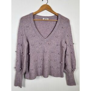 Madewell Small Bobble Pom Popcorn Balloon Sleeve V-Neck Knit Wool Blend Sweater